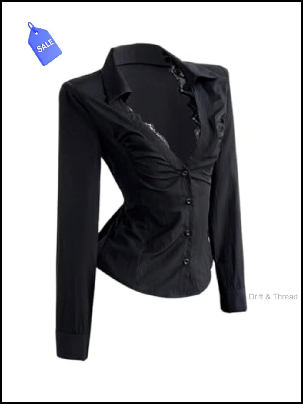 Lace Button Down Blouse Deep V Fitted Long Sleeve Y2K Top